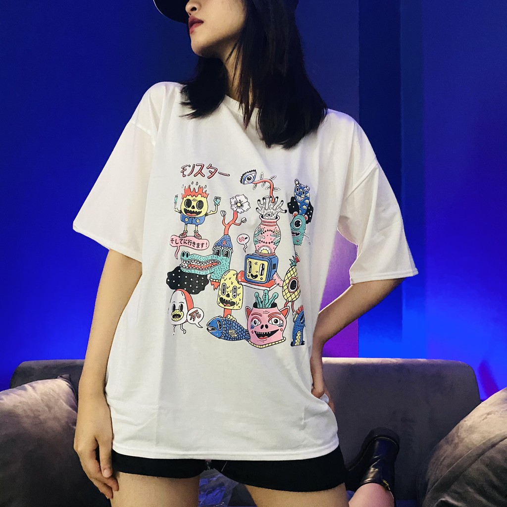 Áo thun form rộng tay lỡ nữ chất cotton xuất Hàn Alien cực cute cho ngày hè - May22