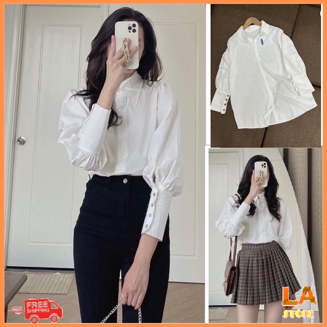 Áo Sơ Mi Trắng Cổ Bẻ Tay Bồng 4 Cúc Chất Lụa Đẹp Phong Cách Cổ Điển Lịch Sự Sang Trọng