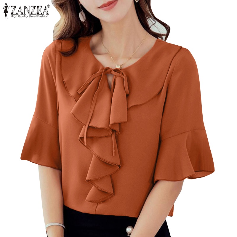 Áo kiểu ZANZEA cổ tròn tay lỡ buộc dây thanh lịch cho nữ