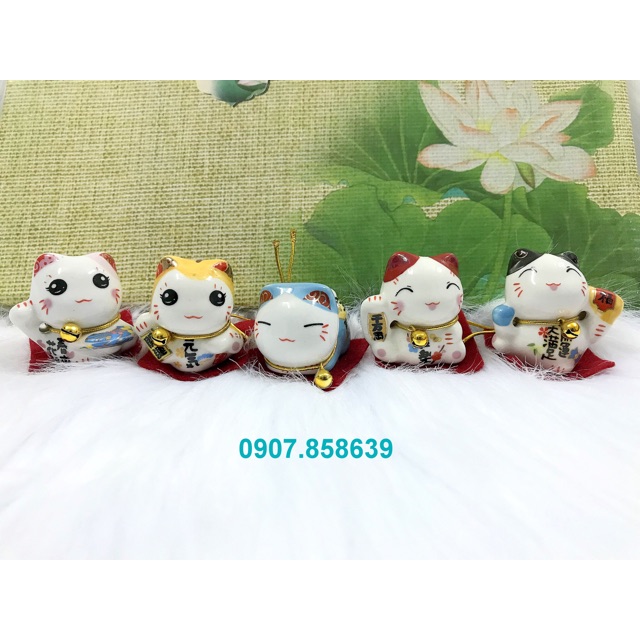 Full Set Bộ 5 Tượng Mèo Sứ Maneki Neko Thần Tài (Mèo Nằm)