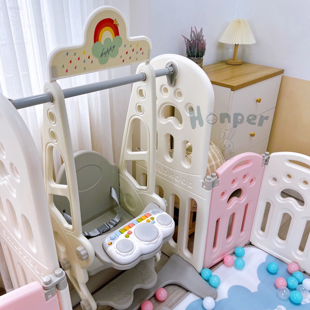 Bộ quây bóng cầu trượt xích đu bóng rổ Honper đầy đủ phụ kiện phân phối chính hãng Bonbon Mart