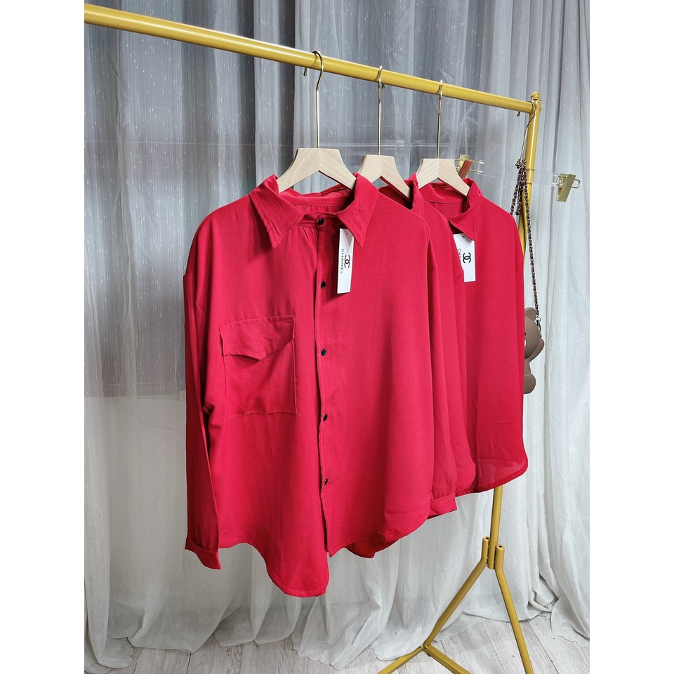 Áo sơ mi form rộng đỏ áo sơ mi thụng nữ giấu quần LD024 | BigBuy360 - bigbuy360.vn