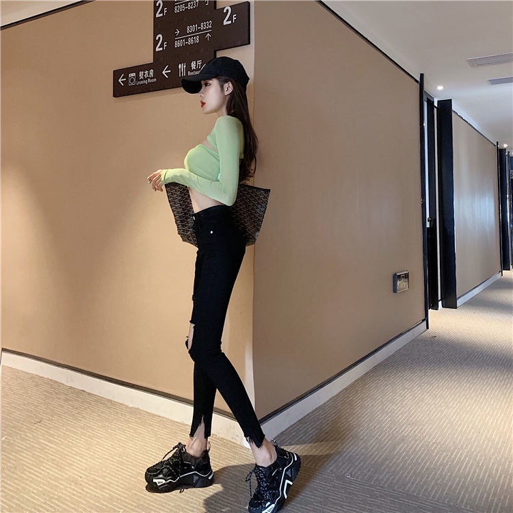 Quần jean COZOKC lưng cao dáng ôm phong cách Hàn Quốc