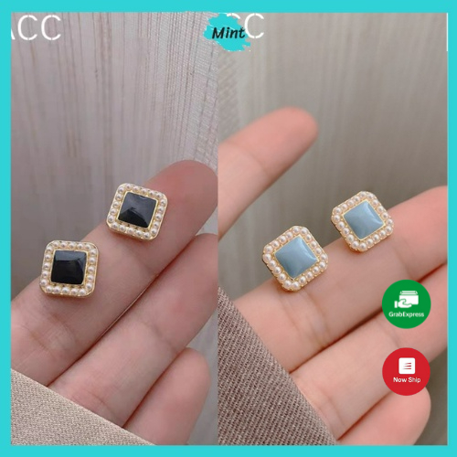 Bông Tai Nữ ❤️KHÔNG GÂY DỊ ỨNG❤️ Bông Tai Nhỏ Hình Vuông Viền Ngọc Chuôi Bạc S925 - Khuyên Tai Phong Cách Hàn Quốc
