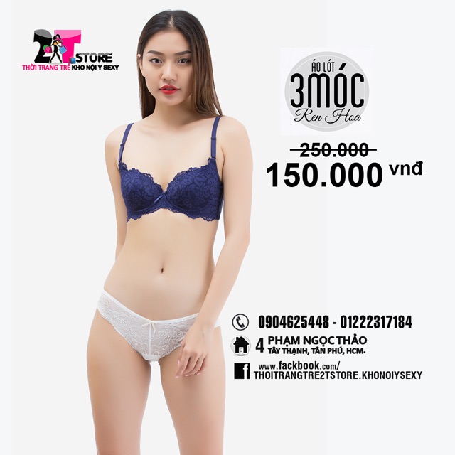 Áo Nâng Ngực Cotton 3 Móc Phối Ren (Xanh Dương)