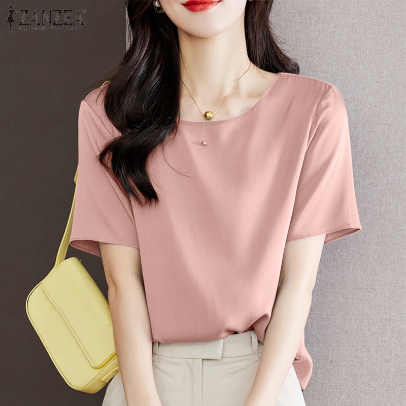 ZANZEA Áo Sơ Mi Vải Satin Tay Ngắn Cổ Tròn Màu Trơn Thời Trang Cho Nữ