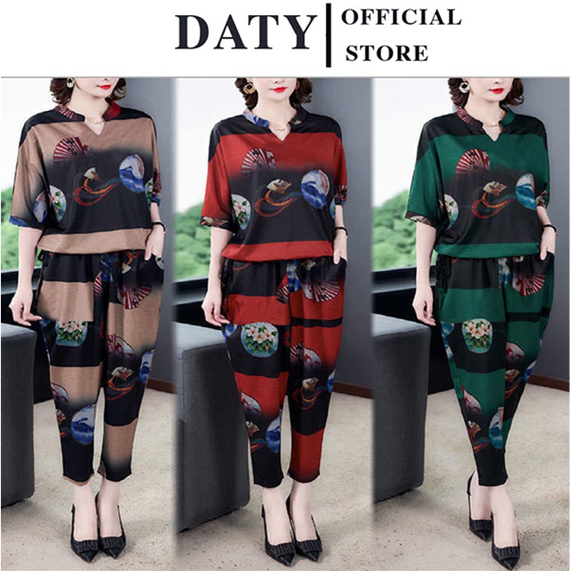 Bộ đồ nữ DATY lụa satin in chuyển nhiệt 3D thoáng mát hoạ tiết hoa văn đủ size DB1392