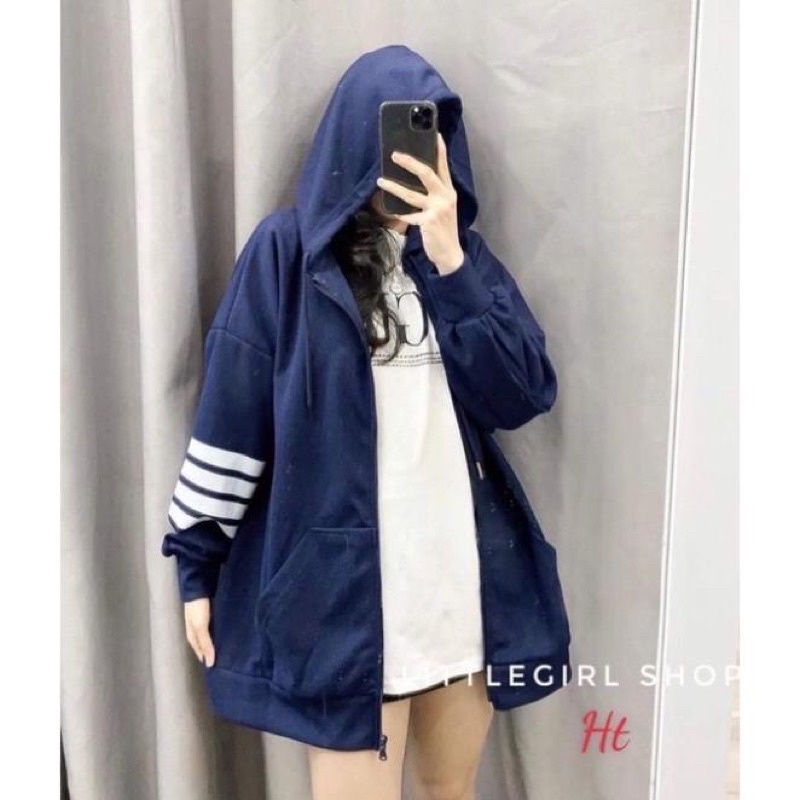 Áo khoác nỉ ngoại sọc tay có nón dây kéo unisex ulzzang nam nữ
