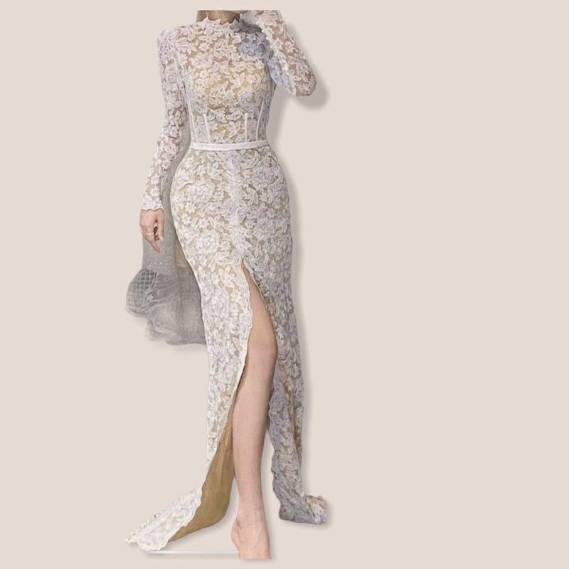 áo cưới ren xẻ đùi sexy sang trọng lễ dạ hội đi bàn trắng lót ẩn da