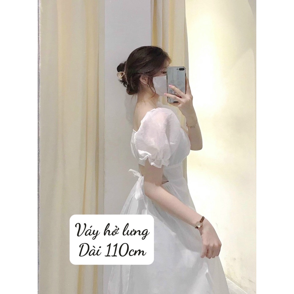 Đầm đi tiệc váy chụp ảnh tiểu thư hở lưng cổ vuông tay phồng shop Đậu Xinh - V509