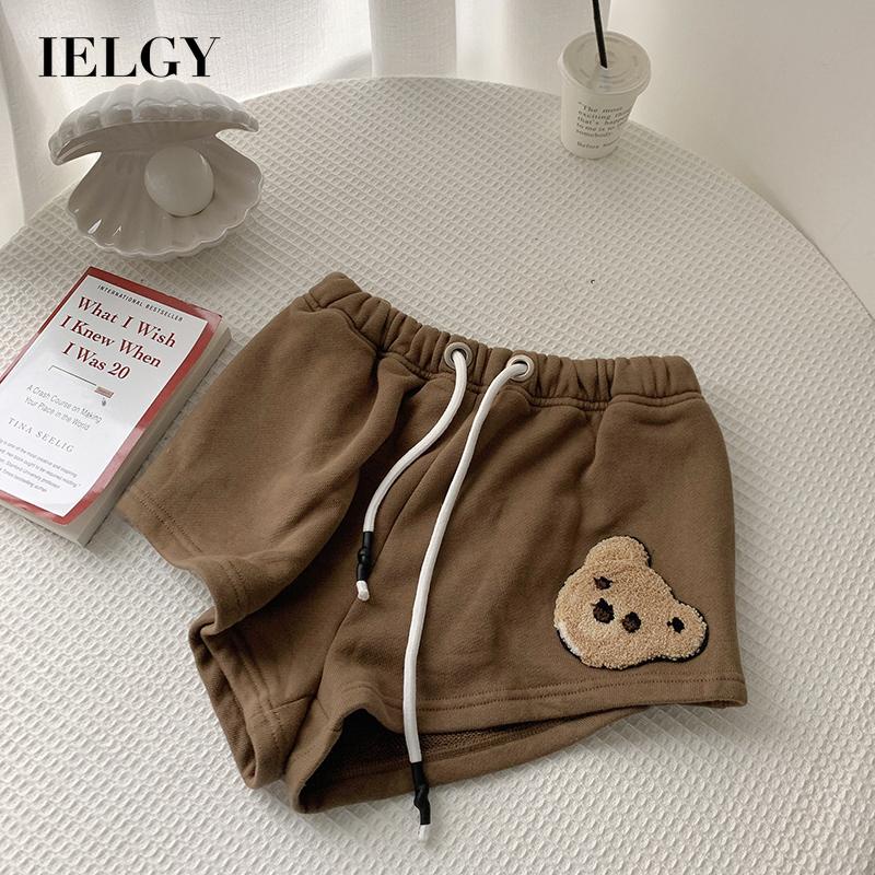 Quần short IELGY lưng cao dáng rộng thêu hình gấu dễ thương cho nữ