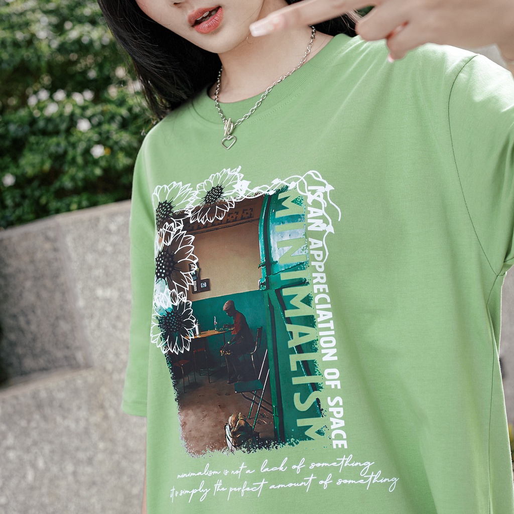 Áo Thun Minimalism Màu Xanh Lá In Hình Chất Liệu 100% Cotton Thoáng Mát Form Rộng Thoải Mái