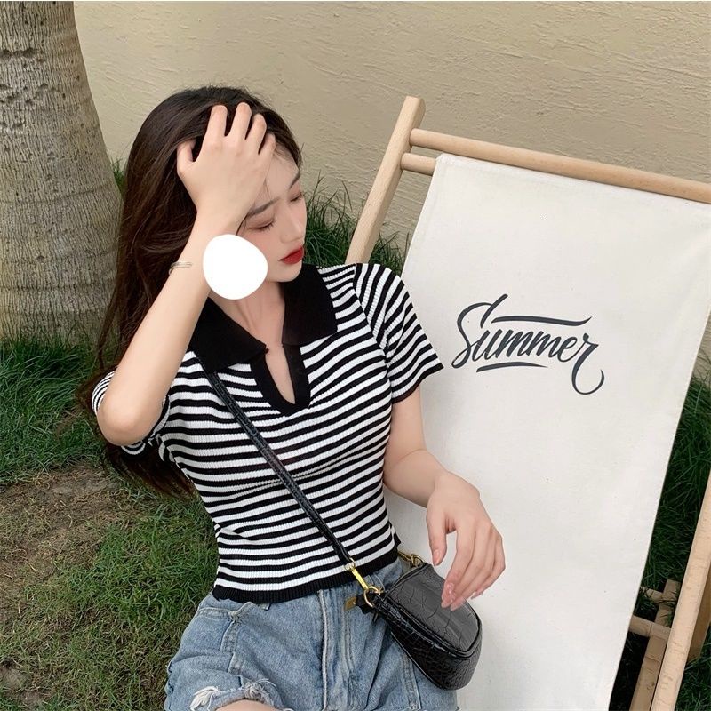 Áo polo tay ngắn cổ chữ V họa tiết sọc thời trang dành cho nữ