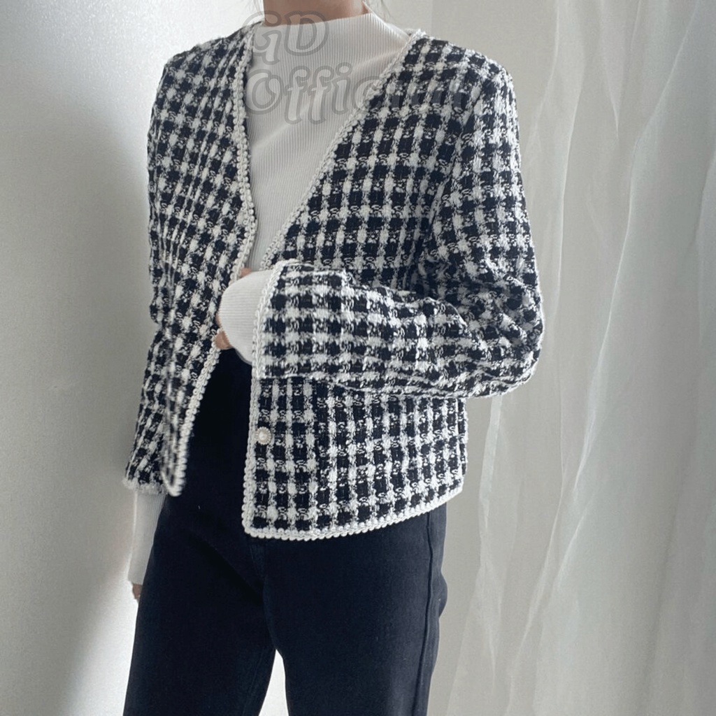 K98|Áo khoác dạ tweed mỏng nhẹ nhàng sang trọng cho nữ dáng ngắn màu be, đen GD Official