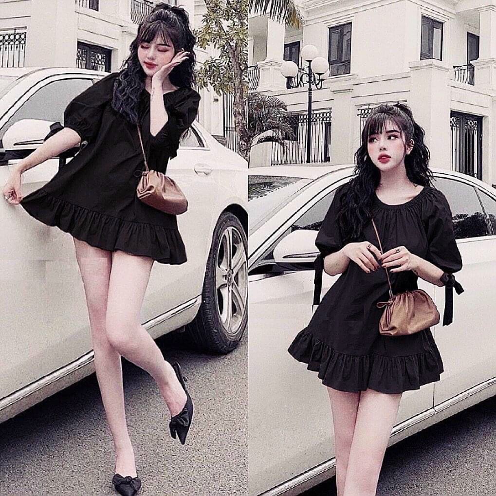 đầm đuôi xếp ly xòe nhẹ cổ tròn ngắn tay