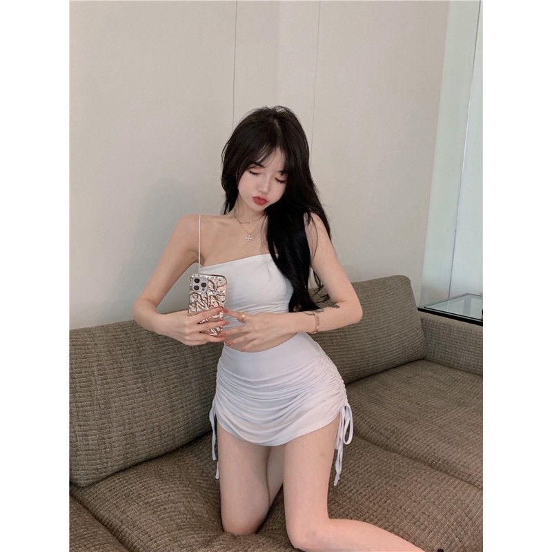 Set áo ống + chân váy rút dây có quần Ulzzang