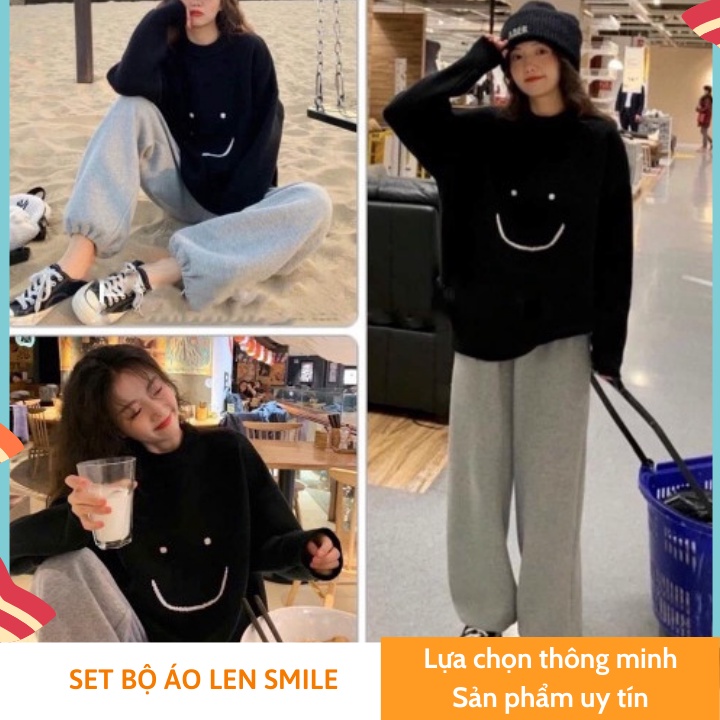 Set bộ áo len nữ SMILE cao cấp gồm áo và quần dài dầy dặn, FREESHIP, form rộng, phong cách Hàn Quốc, Ulzzang [CÓ SẴN]