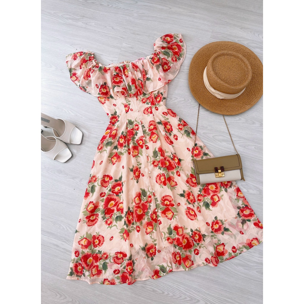 Váy Hoa Nhí Trễ Vai Dáng  Dài Thiết Kế Phối Nhún Ngực Sang Chảnh, -V74