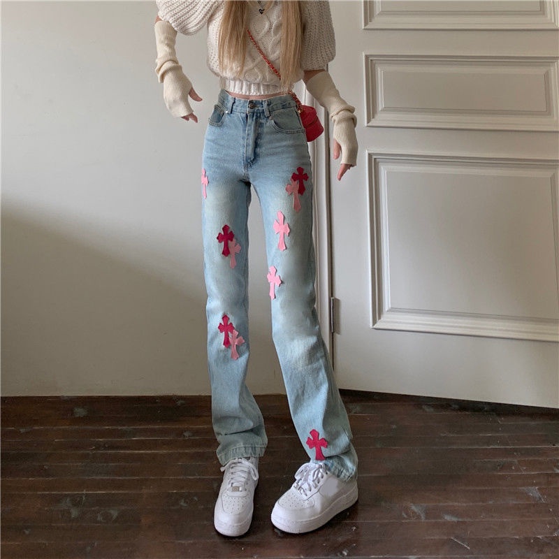 Quần jean dài ống rộng suông lưng cao phong cách xuân hè thời trang cho nữ