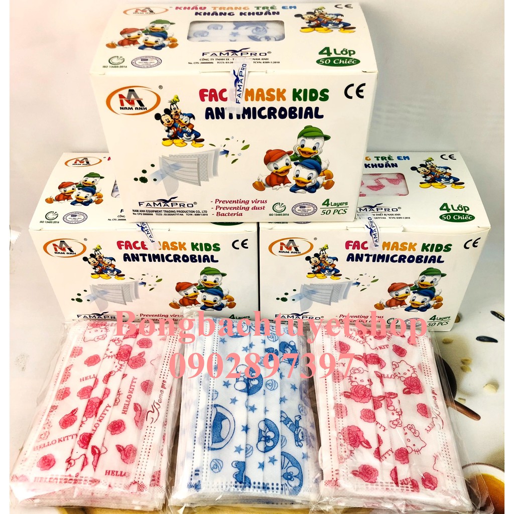 Khẩu Trang Em Bé Nam Anh 4 Lớp Kháng Khuẩn 50 cái/ hộp - Khẩu Trang Famapro cho bé Famapro