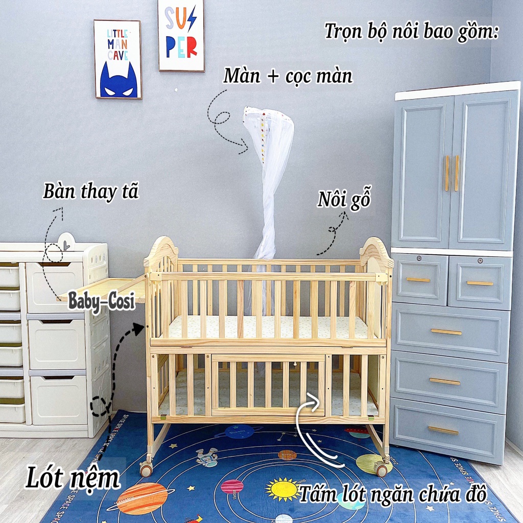 Nôi cũi gỗ giường đa năng cho bé 6in1 Baby Cosi Tặng kèm màn và bánh xe - Nôi gỗ dùng cho bé sơ sinh đến 6 tuổi