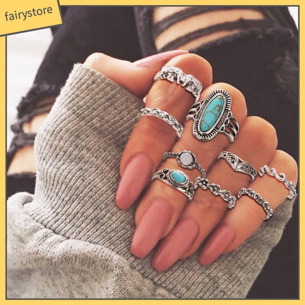 Set 9 nhẫn đeo tay phong cách bohemian thời trang cho nữ
