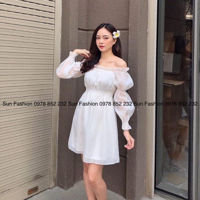 Đầm trễ vai tay dài chất liệu voan tơ 2 lớp mềm mại, màu trắng tinh khôi,nhẹ nhàng chụp ảnh kỉ yếu,prom cuối năm