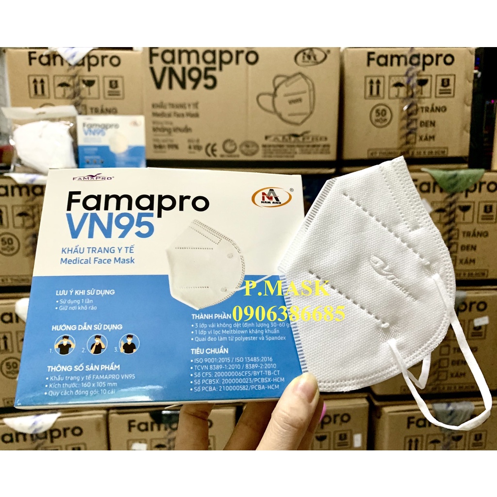 Khẩu trang VN95 FAMAPRO Nam Anh 10 cái/ hộp kháng khuẩn 7 màu Trắng / Xám / Đen / Xanh / Rêu / Hồng / Vàng Nhạt