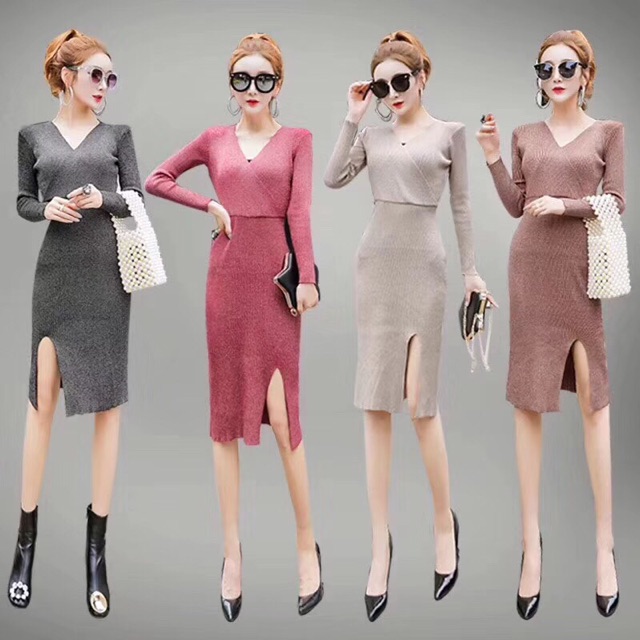 Đầm len nhũ body cổ chéo xẻ đùi | BigBuy360 - bigbuy360.vn