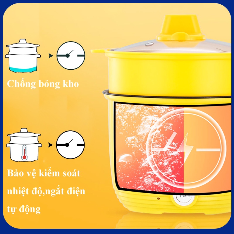 Nồi Lẩu Điện Mini, Nấu Mì 2 Tầng Kèm Giá Hấp Đa Năng Nướng, Luộc, Chiên Chống Dính Vấn Đá Tiện Lợi, Ca nấu mì mẫu mới
