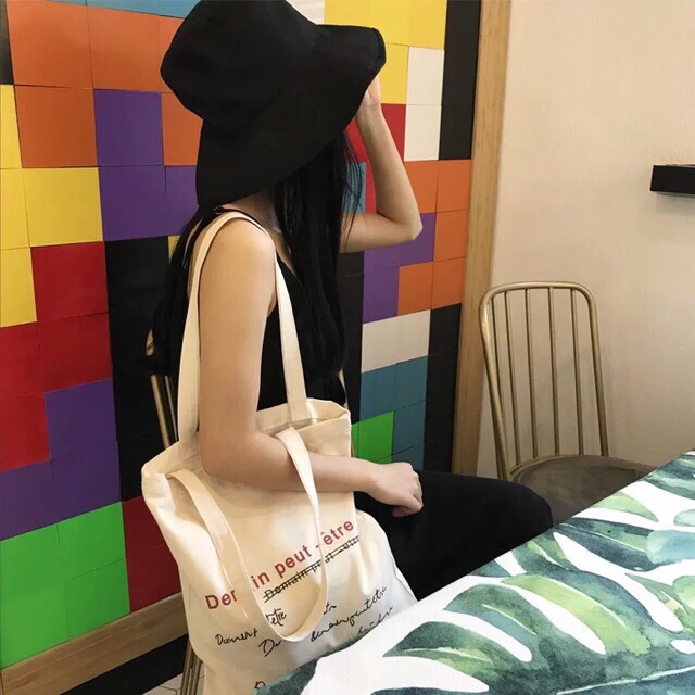 Túi tote vải canvas phong cách vintage Hàn Quốc Chữ Demain