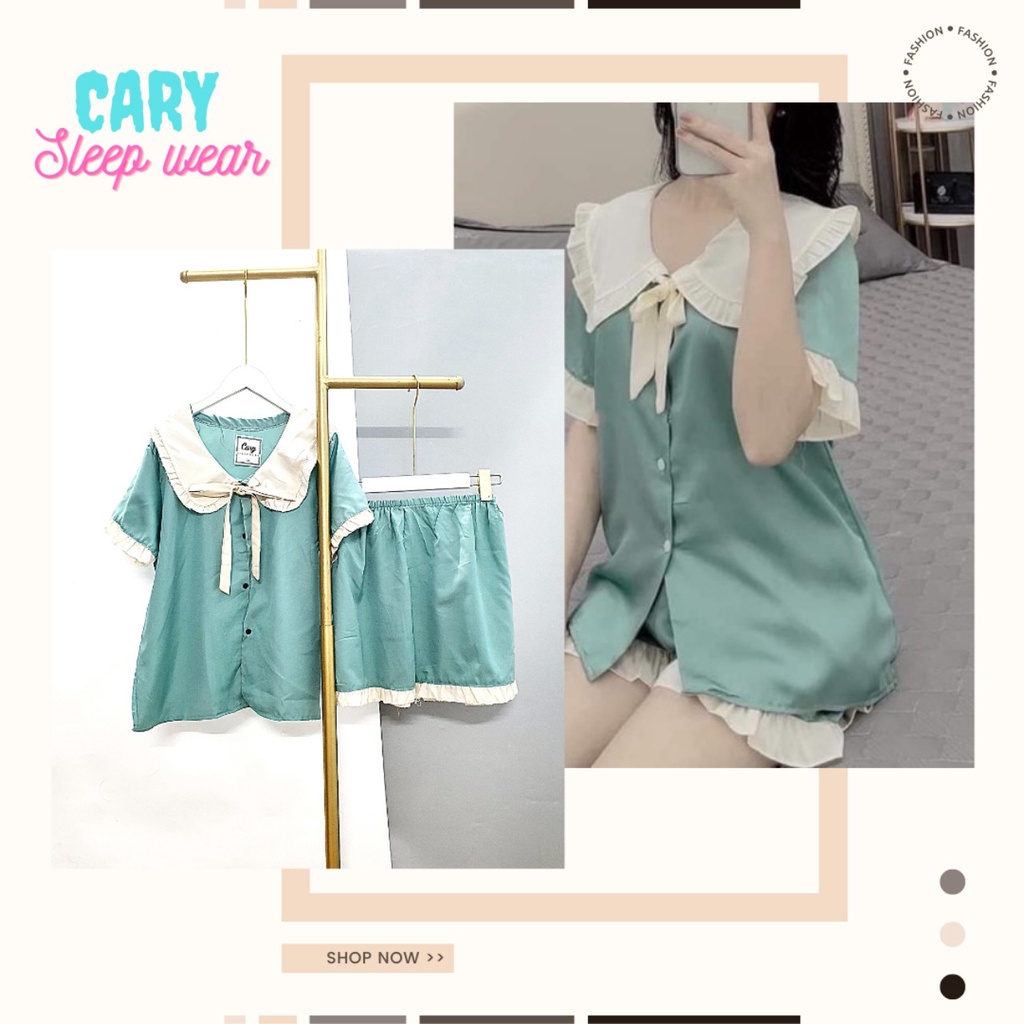 Đồ bộ pijama đùi, bộ đồ ngủ nữ mặc nhà cộc tay cổ bèo dễ thương chất liệu kate lụa CARY