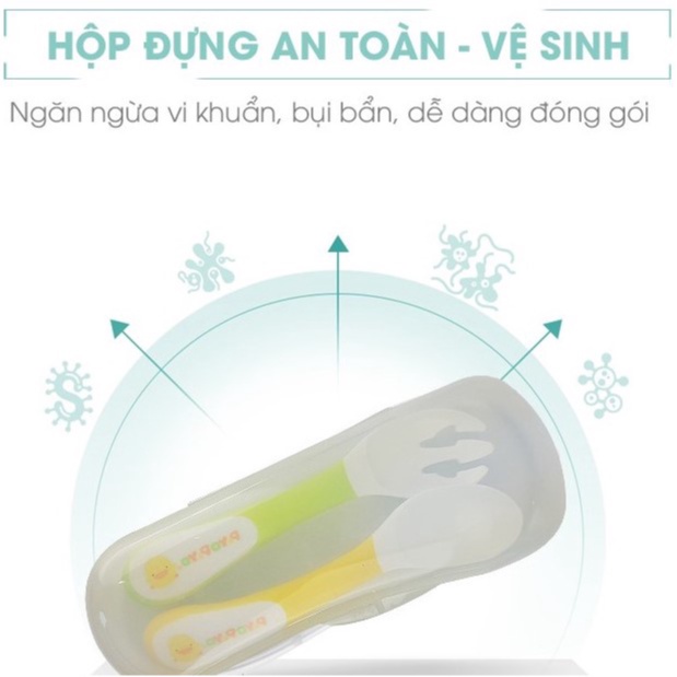 Bộ 2 muỗng nĩa tập ăn cho bé 6 tháng tuổi trở lên Piyo Piyo, kèm hộp đựng