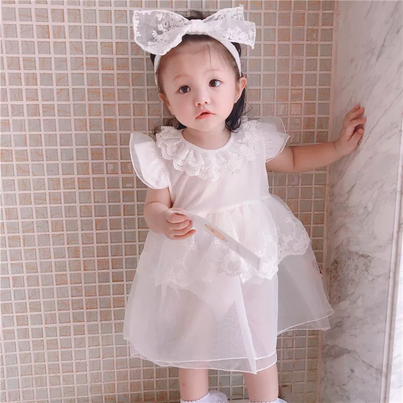 Váy công chúa cánh tiên dành cho bé gái size 3-14kg Hồng - Trắng (Kèm turban)