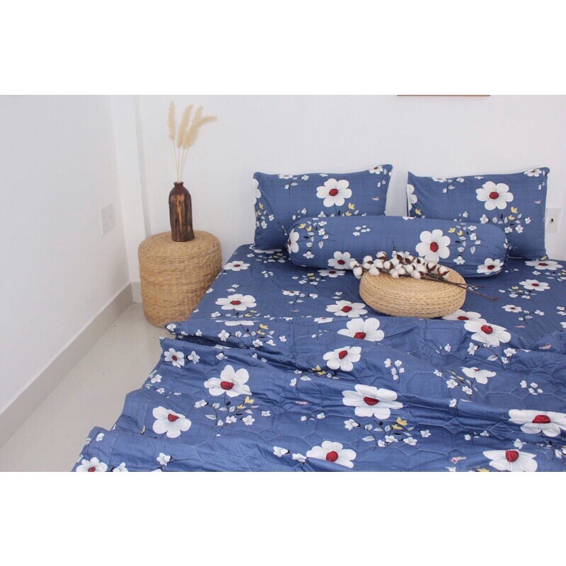 bộ drap cotton 100% Thắng lợi có in logo Thắng lợi chính hãng Hoa xanh dương