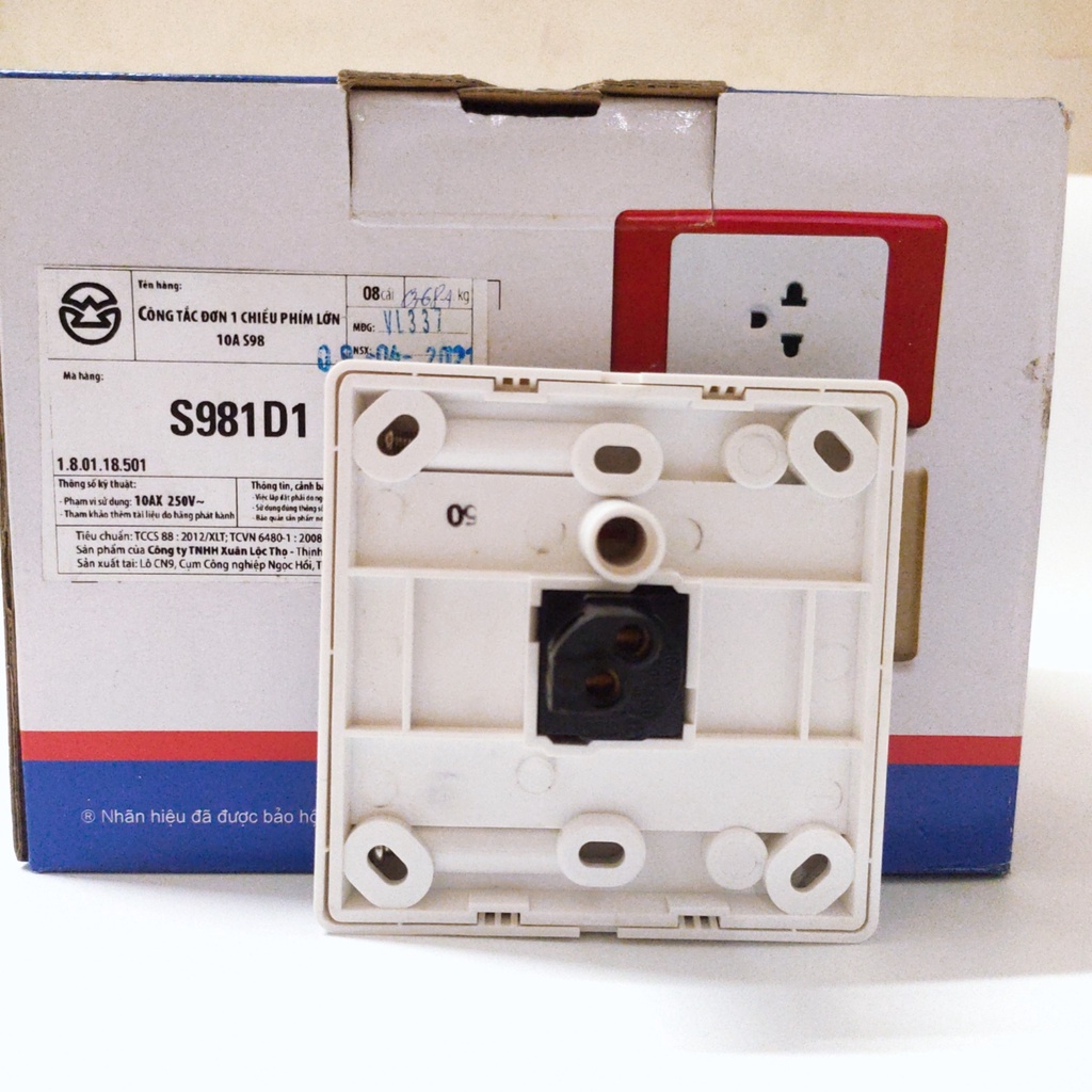 Công tắc đơn 1 chiều phím lớn 10A mặt vuông SINO S981D1 dòng S98