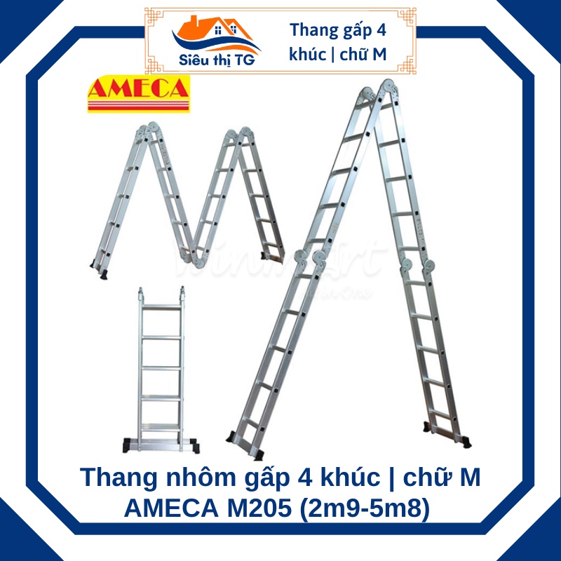 [SALE HỦY DIỆT] Thang nhôm gấp 4 khúc Ameca AMC-M205 (2,9m-5.8m) - Thang chuyên lắp điều hòa