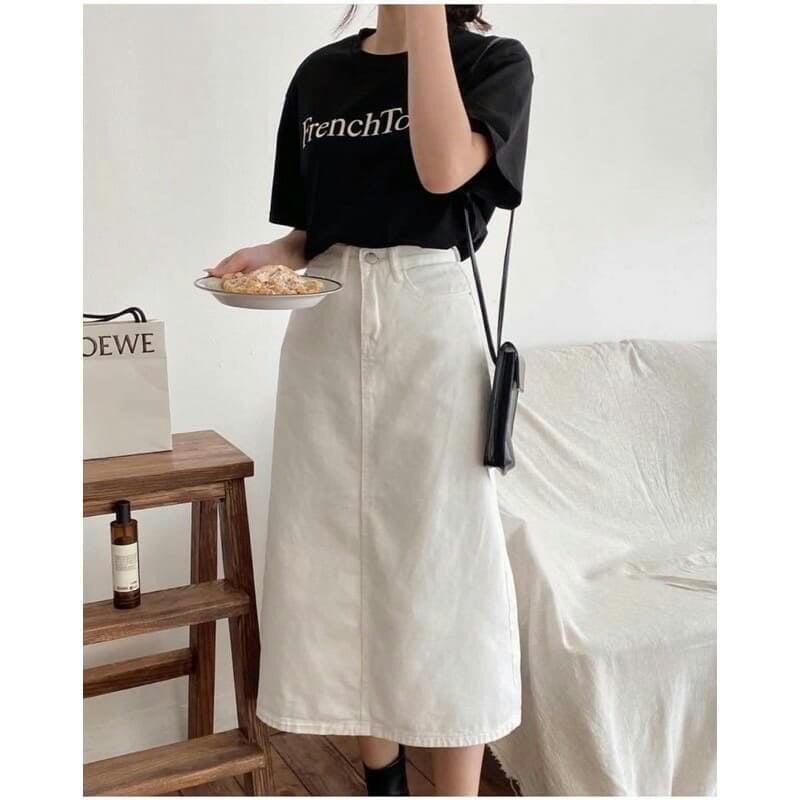 Set áo thun tay lỡ FRENCH kèm chân váy kaki dáng dài ulzzang | BigBuy360 - bigbuy360.vn