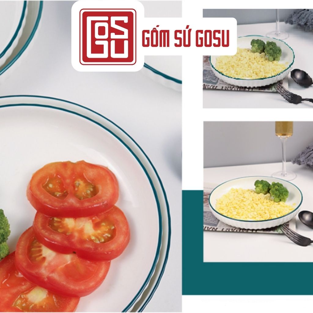 Bộ Chén Dĩa Gốm Sứ Gosu Trắng Viền Xanh Sang Trọng Chén Dĩa Decor