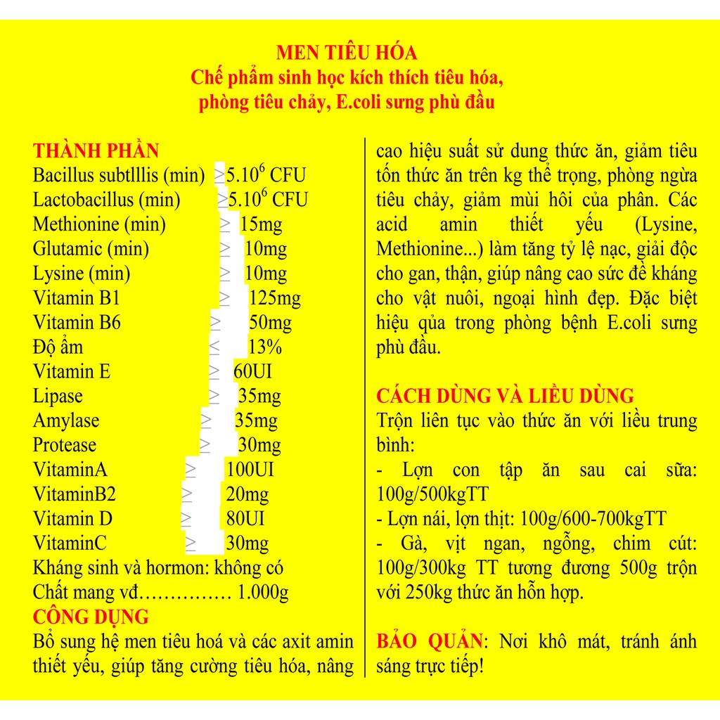 1 gói MEN TIÊU HÓA 100g Chế phẩm sinh học kích thích tiêu hóa,  phòng tiêu chảy, E.coli sưng phù đầu