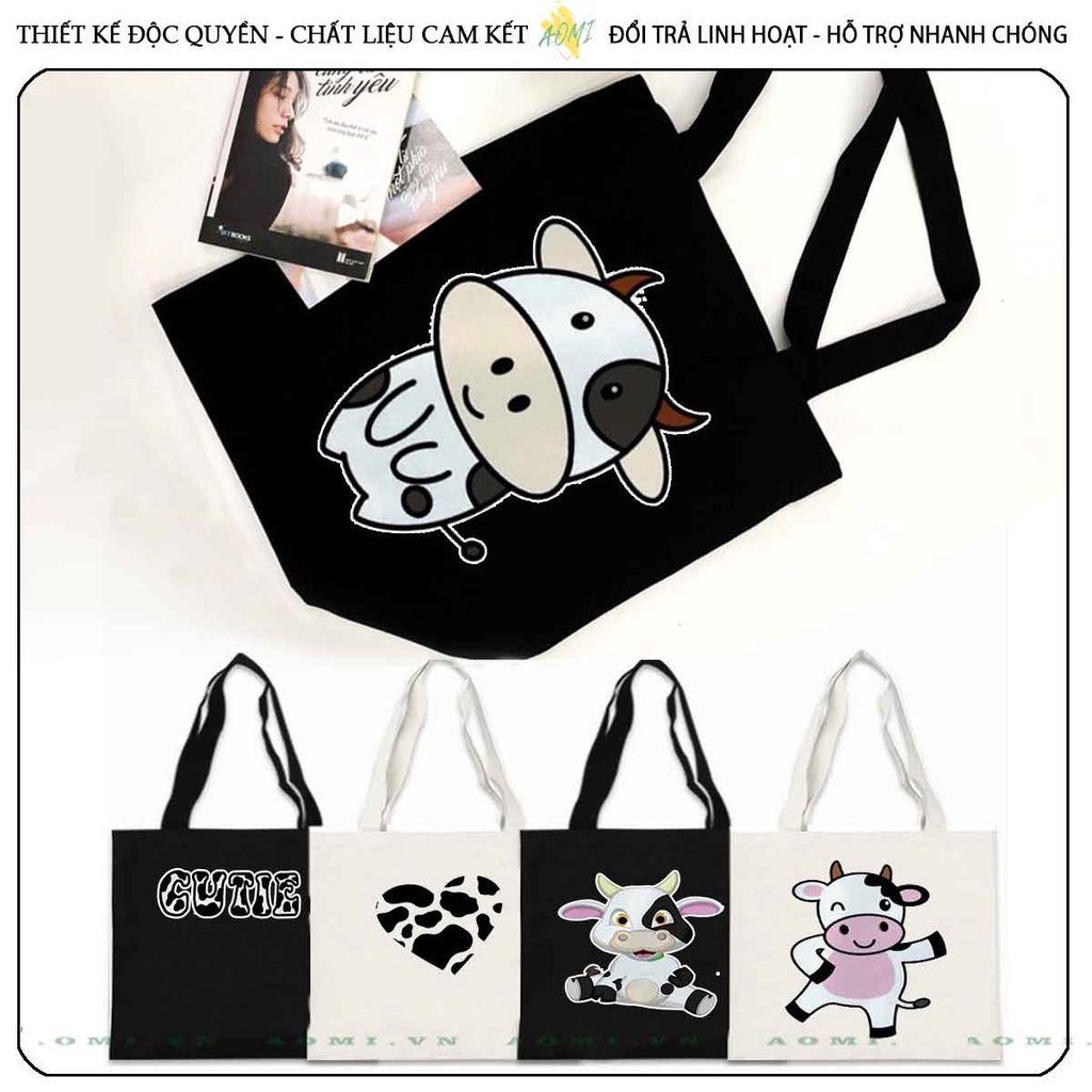 TOTE CANVAS bò sữa milk TÚI VẢI ĐEO VAI BAG CÓ KHÓA KÉO SIZE LỚN 33x38cm AOMIVN DU LỊCH DẠO PHỐ