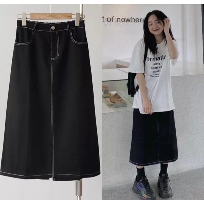 Chân váy midi viền chỉ nổi giả jean khuy trước chun sau xẻ tà, Chân váy midu xẻ tà sau siêu xinh