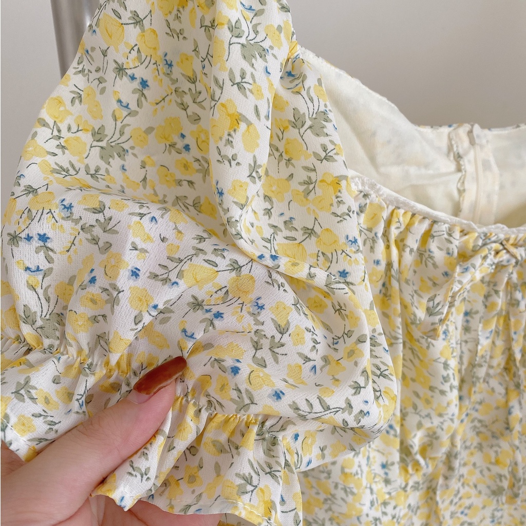 Đầm hoa nhí tay cộc, váy dáng ngắn hai lớp Emmei v132