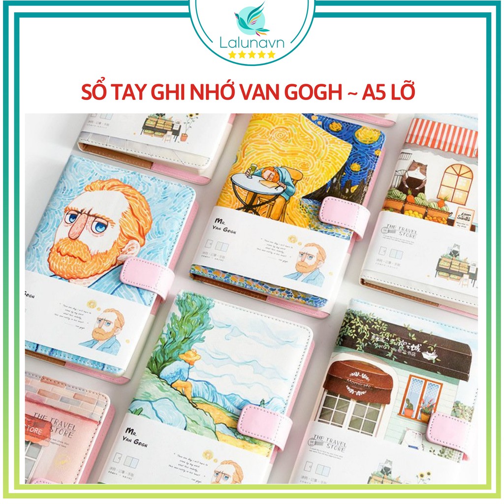 Lalunavn Sổ tay ghi chép VanGogh bìa Da có khóa họa tiết mỹ thuật cực xinh