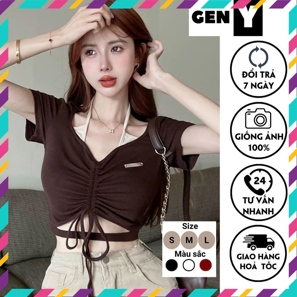 Áo croptop rút dây trước ngực cổ giả yếm GenY_GenZ, áo kiểu nữ ôm body khoét eo cực quyến rũ