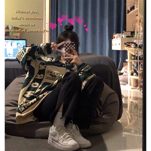 Porozi  Áo len dài tay in họa tiết Graffiti phong cách Hàn Quốc dành cho nữ