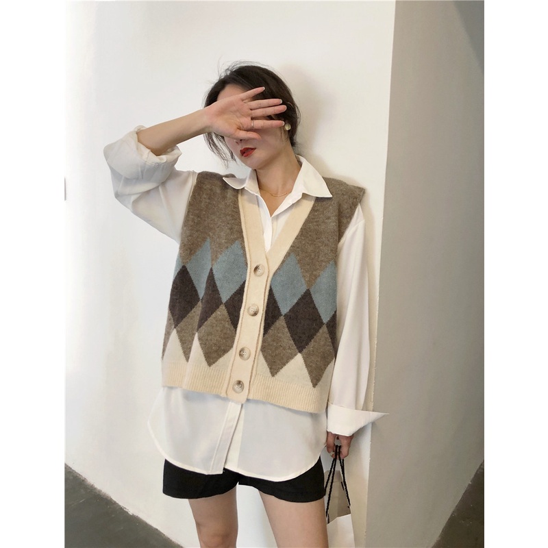 Áo Len Không Tay Cổ Chữ V Form Rộng Họa Tiết Sọc Caro Phong Cách Retro