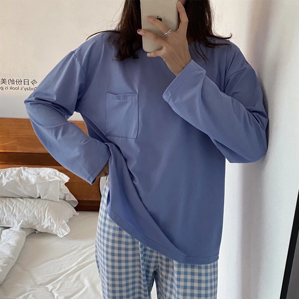 BỘ ĐỒ NGỦ MẶC NHÀ DÀI TAY COTTON TRƠN KÈM QUẦN CARO THU ĐÔNG HOT 2021