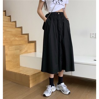 (Sẵn) Urihouse - Chân váy dáng dài midi chữ A màu đen cạp chun, túi 2 bên