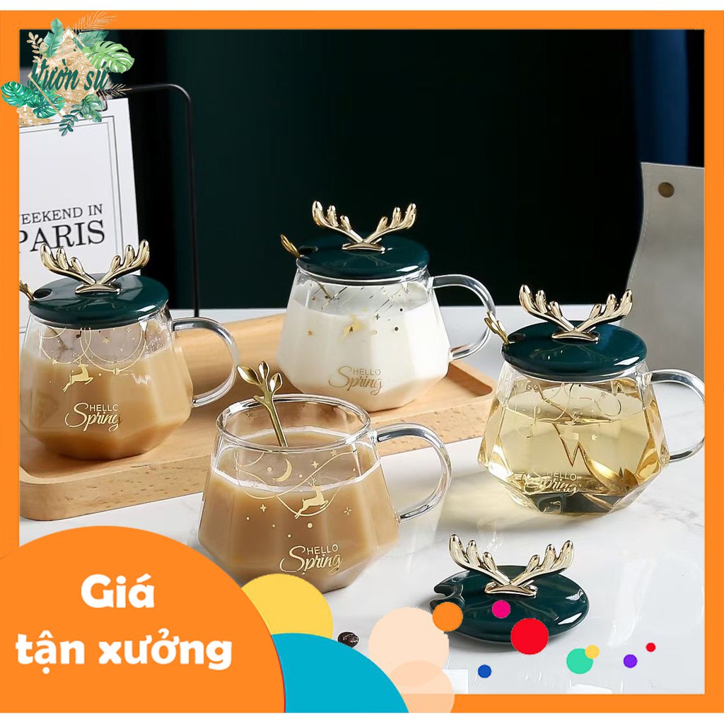 Cốc cafe thủy tinh nắp sứ hình đầu hươu cao cấp (cốc tặng kèm thìa như ảnh) - VS31